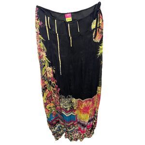 Save The Queen 100% Silk Maxi Skirt Floral Wearable Art Italy Size L Black Multi